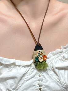 1pc New Chinese Style Zen Retro Star Feather Bowknot Multi-Pendant Long Necklace For Women, Fashionable National Style Elegant Delicate Accessory Suitable For Daily, Vacation, Holiday Wear - Ancient Bronze - View 19