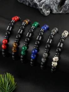 Men's Fashionable Hematite Protection Bead Bracelet, Lapis Lazuli & Tiger's Eye & Malachite Healing Confidence Jewelry, Halloween Gift, Christmas Gifts For Father, Husband, Son