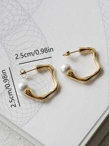 2pcs Elegant Vintage French Style Asymmetrical C-Shaped Pearl Metal Hoop Earrings, Suitable For Daily Commute And Festivals