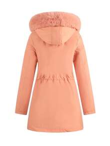 1pc Casual Versatile Women Jacket, Mid-Length With Detachable Hood, Solid Color, Outdoor Thermal Lined, Cinched Waist, Winter,Skiing