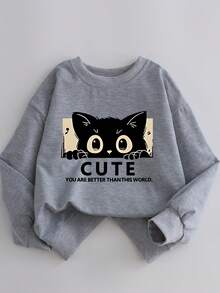 Sudadera gris de cuello redondo con estampado de gatito negro para niñas, de moda y casual, cómoda de llevar, adecuada para actividades de ocio, deportes, viajes, fiestas y campus - Gris - Ver 9