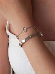 1 Set Minimalist & Elegant Stainless Steel Chain Bracelet & Bangle Decorated With Clover Element & Crystal Glass, Suitable For Women To Wear At Banquet, Daily Fashion, Commuting Or As Festival Gift - Bộ CX717/JC700 - Xem 2