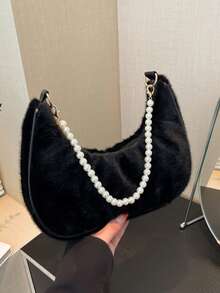 Túi lưỡi liềm nhung thời trang, Túi đeo vai lưỡi liềm đính ngọc trai giả thời trang dành cho nữ, Túi đeo vai Baguette thời trang, Túi nhỏ cầm tay bằng lông, Túi thường ngày ngoài trời, Túi đi làm đa năng - màu đen - Xem 10