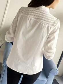 新款白色长袖学生百搭简约拼布衬衫 - 白色 - 查看 2