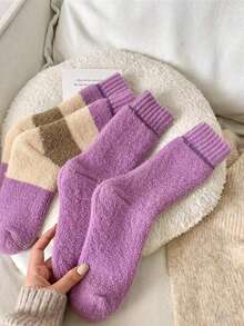 4 Pairs Solid Color Heart Fleece Socks, Simple & Versatile For Outdoor Wear, Autumn/Winter, Cozy Socks - Multicolor - View 4