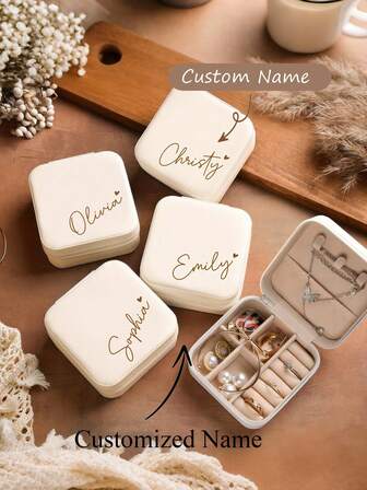 Personalized Handwritten Name Jewelry Box With Heart Design – Custom Beige Travel Case With Zipper Closure & Fabric Lining, Perfect Bridesmaid Proposal Gift Or Couple's Keepsake, Elegant Design | Soft Lining, Wedding Gifts, Jewelry Boxes