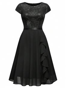 MIUSOL Sequin Lace Ruffle Trim Black Chiffon Flowing Cocktail Party Swing Dress, Pleated Hem For Wedding Guest, Birthday, Homecoming - Black - View 7