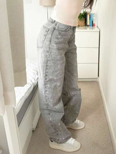 MYOURSA 女式低腰闪亮水钻直筒牛仔裤，休闲 Y2k 街头潮流派对复古水洗牛仔裤，浅灰色