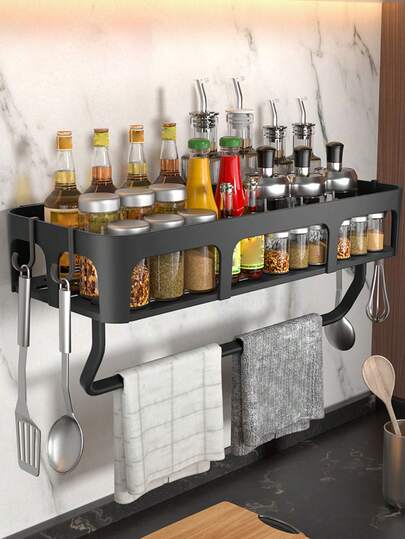 1pc Kitchen Spice Rack, Condiment Organizer, Space-Saving Spice Storage Box With Towel Bar, Bathroom & Kitchen Accessory, Home Organization, Multi-Function Shelf
