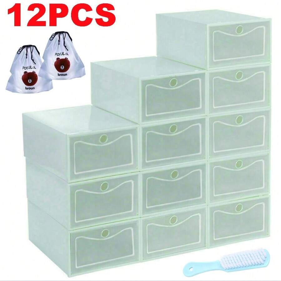 12x White Plastic Shoe Storage Boxes Drawer Stackable Foldable Durable Organiser - White - View 1