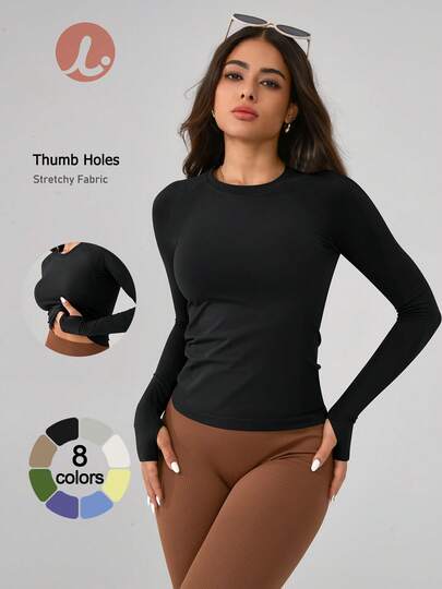 Leorrey 1 件女士舒适休闲无缝高端时尚纯色圆领修身健身跑步瑜伽长袖运动 T 恤