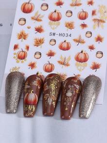 Luxury Maple Leaf Pumpkin Nail Art Stickers 2PCS Pine Nuts Autumn Decals Fall Nail Art Designs Self Adhesive 3D Manicure Foils Nail Decoration DIY Supplies For Women Girl Autumn Nails - 彩色 - 查看 6
