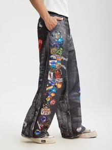 INFLATION Pantalones rectos de estilo vaquero con bolsillos y estampado, ajuste europeo, para hombres de talla grande - Negro - Ver 3