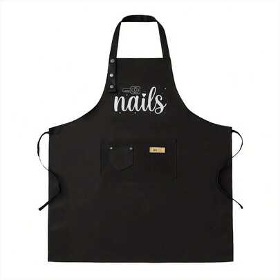 Nail Artist Manicure Pedicure Apron With Nail Polish Design - Adjustable Water & Polyester Apron For Nail Technicians, Salon & Spa Use, 2 Pockets, Workwear (Black With White Lettering)