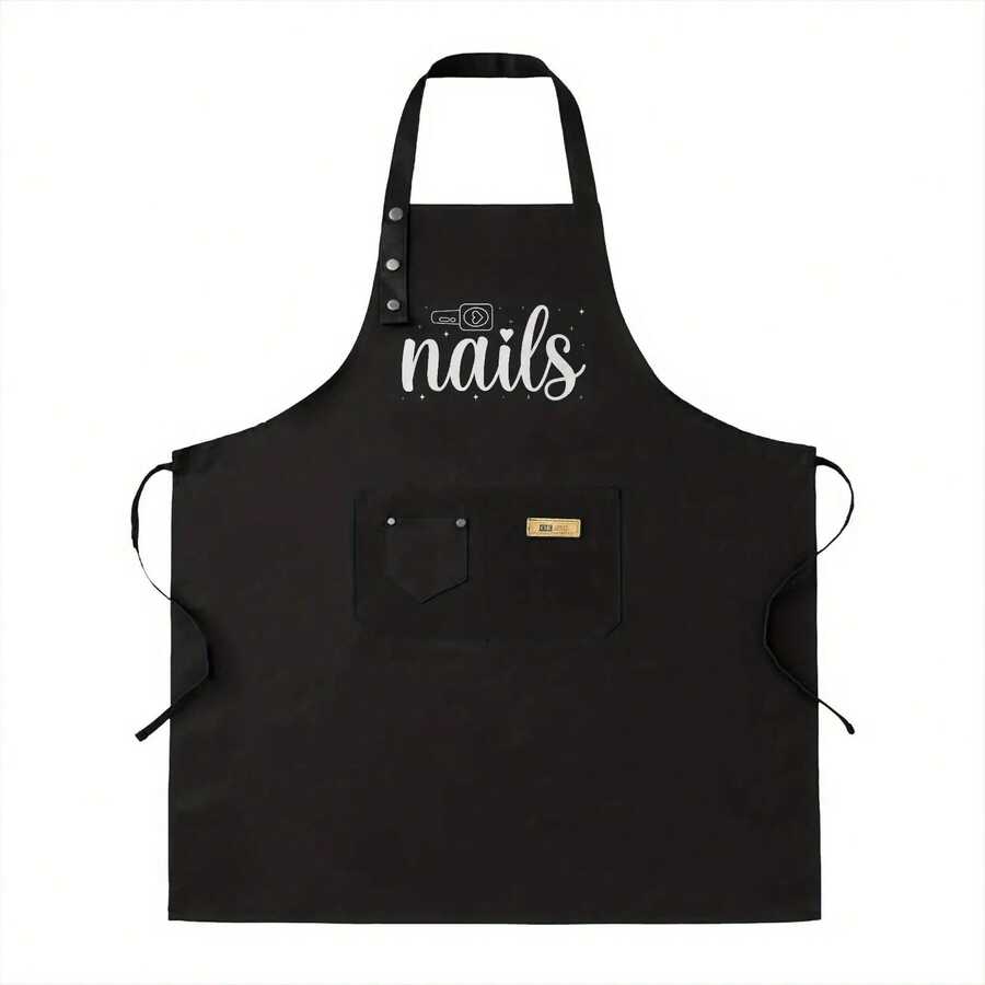 Nail Artist Manicure Pedicure Apron With Nail Polish Design - Adjustable Water & Polyester Apron For Nail Technicians, Salon & Spa Use, 2 Pockets, Workwear (Black With White Lettering) - màu đen - Xem 1