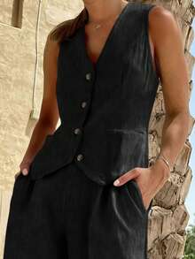 2pcs Women Deep V Neck Sleeveless Slim Fit Lightweight Fabric Vest & High Waist Wide Leg Pants Set, Linen Casual Two Pieces Outfit, Old Money Style, Lightweight And Breathable - Black - View 9