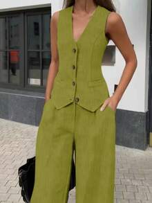 两件套女士纯色纽扣深V领无袖背心搭配高腰阔腿裤（带口袋），休闲套装，适合夏季、毕业典礼、度假等场合。亚麻色套装，春夏休闲两件套，度假装，女装，复古风格，圣帕特里克节服装，复活节连衣裙 - 淺綠色 - 查看 7