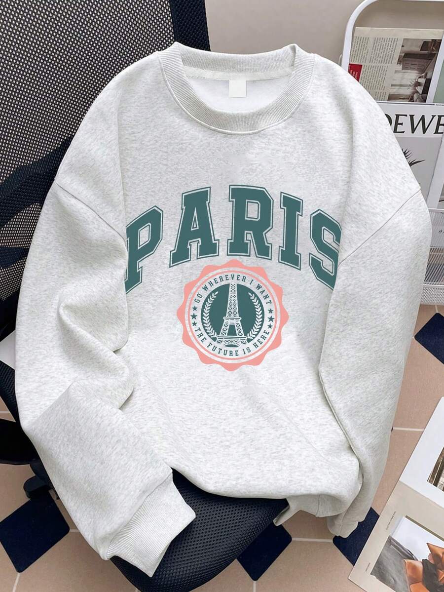 1件女童長袖圓領套頭衫,印有「Paris」圖案,舒適時尚休閒,秋冬新款上衣,適合少女/青少年/青少年女孩 - 灰色 - 查看 1