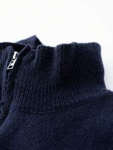 男士休闲宽松条纹 Polo 领拉链针织衫，简约商务通勤风格，秋冬款 - 藏蓝色 - 查看 5