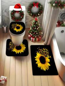 1pc/4pcs Sunflower & Butterfly Shower Curtain Set, Modern Stylish Bathroom Decor, Waterproof Fabric Shower Curtain Set With 12 Hooks, Non-Slip Bathroom Mat, U-Shaped Toilet Mat, Toilet Lid Cover, Bathroom Decoration Christmas Decor - Black - View 5