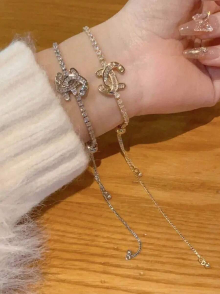 1pc Butterfly Double C Symmetry Zirconia Inlaid Adjustable Bracelet, Fashionable & Luxurious For Women