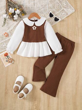 女童拼色花卉荷叶边下摆毛衣和配套喇叭裤套装，适合 4-7 岁儿童，户外活动、节日派对、日常穿着