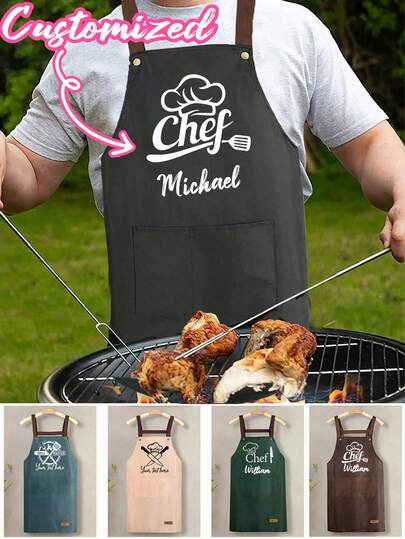 Personalized Chef Apron, BBQ Cooking Unisex Fun Novelty Apron, BBQ Cooking Baking Apron Mom Dad Friend Wife Husband Father's Day Gift, Suitable For Outdoor Barbecue, Camping And Party, Kitchen Apron, Custom Printed Oil-Proof Apron, Women's Polyester Apron, Simple Style Apron With Pockets,