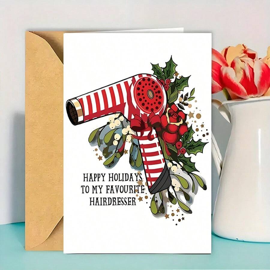 1 pezzo Biglietto di auguri natalizi per parrucchieri con busta, biglietto di ringraziamento unico per le feste, adatto per Natale, Capodanno, Festa di Primavera - Set - Visualizzare 1