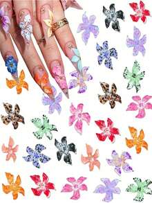 100pcs 3D Floral Nail Art Charms, Colorful, Hawaiian Style, Cute Flower Pattern, Summer Nail Rhinestone Decoration - Multicolor - View 1