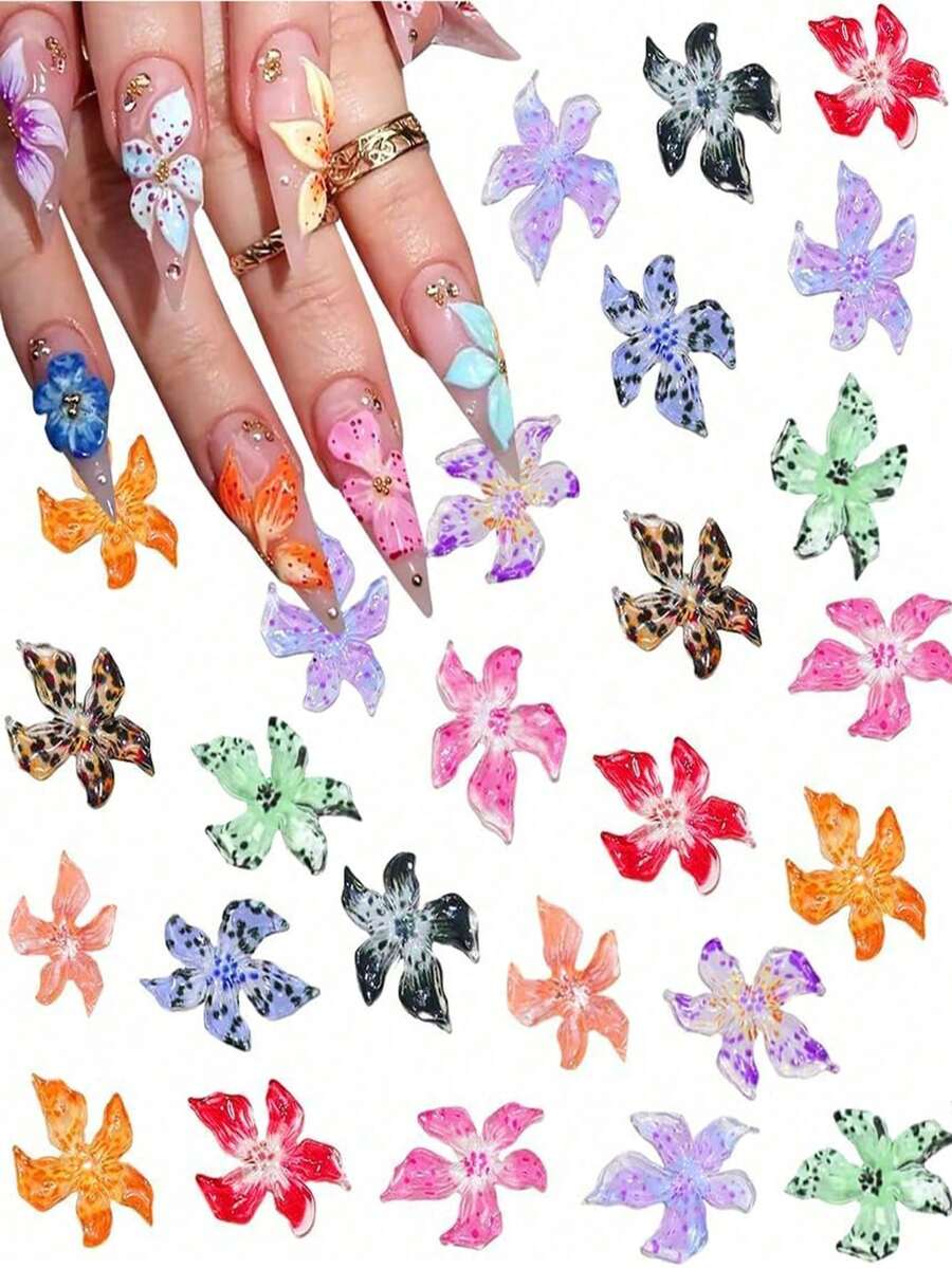 100pcs 3D Floral Nail Art Charms, Colorful, Hawaiian Style, Cute Flower Pattern, Summer Nail Rhinestone Decoration - Multicolor - View 1