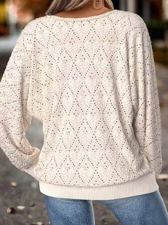 Elegant Hollow Out Twist Knit Pullover Top, Women's Long Sleeve Round Neck T-Shirt, Versatile For Daily Wear, Spring & Autumn New Arrival