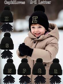 2 Stücke gestricktes Mützen- und Handschuh-Set, Baby A-Z Buchstaben gestrickte Mütze mit schwarzen Handschuhen, Baby Mädchen Mütze, Kinder gestrickte Mütze, Baby Zubehör, Kindermütze, elastische Mütze, für Babys und Kleinkinder von 0-3 Jahren