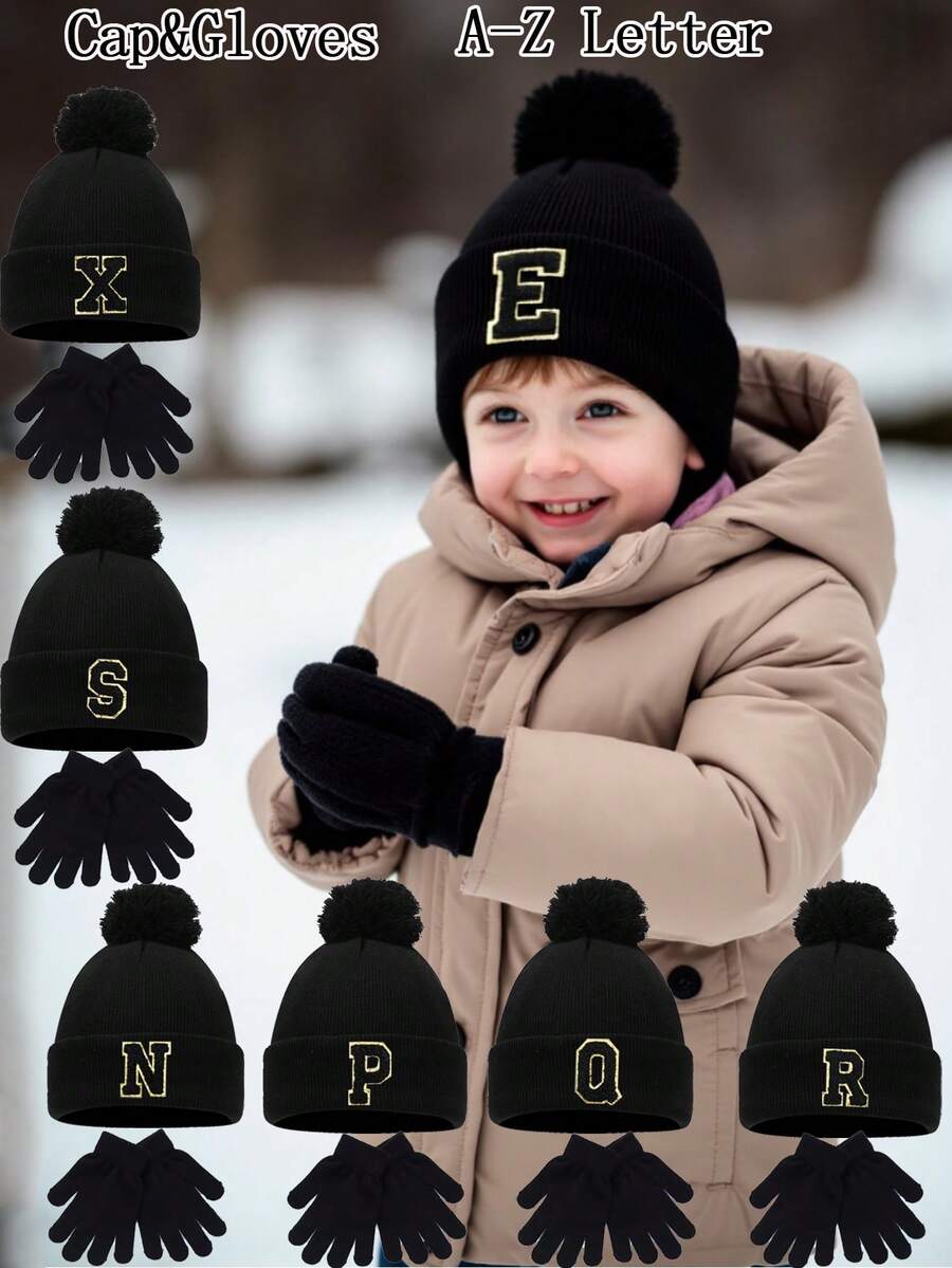 2 Stücke gestricktes Mützen- und Handschuh-Set, Baby A-Z Buchstaben gestrickte Mütze mit schwarzen Handschuhen, Baby Mädchen Mütze, Kinder gestrickte Mütze, Baby Zubehör, Kindermütze, elastische Mütze, für Babys und Kleinkinder von 0-3 Jahren
