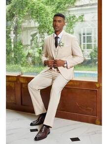 Men's 3 Piece Linen Suits Casual Lightweight Blazer Jackets Vest Pants Set For Wedding Business Promhalloween - Màu xám đen - Xem 2