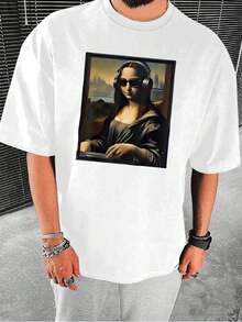 PLUS SIZE Mona Lisa Sunglasses Headphone Tee  Print T-Shirt Men's  Summer Casual T-Shirt,Breathable Cotton, Durable & Stylish, Unique Bold Print - White - View 1
