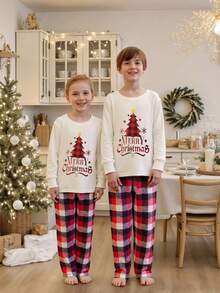 Family Matching Christmas Pajama Set, Christmas Tree Letter Print Long Sleeve Tops And Plaid Pants Holiday Sleepwear Outfits