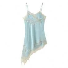 Awevudst Women Silk Satin Lace Trim Cami MIni Dress Extra Long Camisole Lace Asymmetrical Trim Camisole Tank Crop Tops Y2k Silky High Low Lace Slip Dress - 藍色 - 查看 3