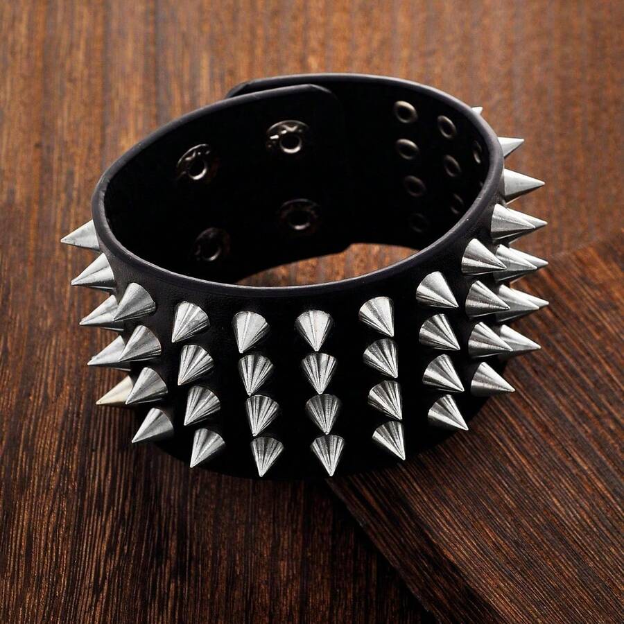 HZMAN Bracciale Largo In Pelle Uomo, Polsino Regolabile Stile Gothic Punk Rock Biker