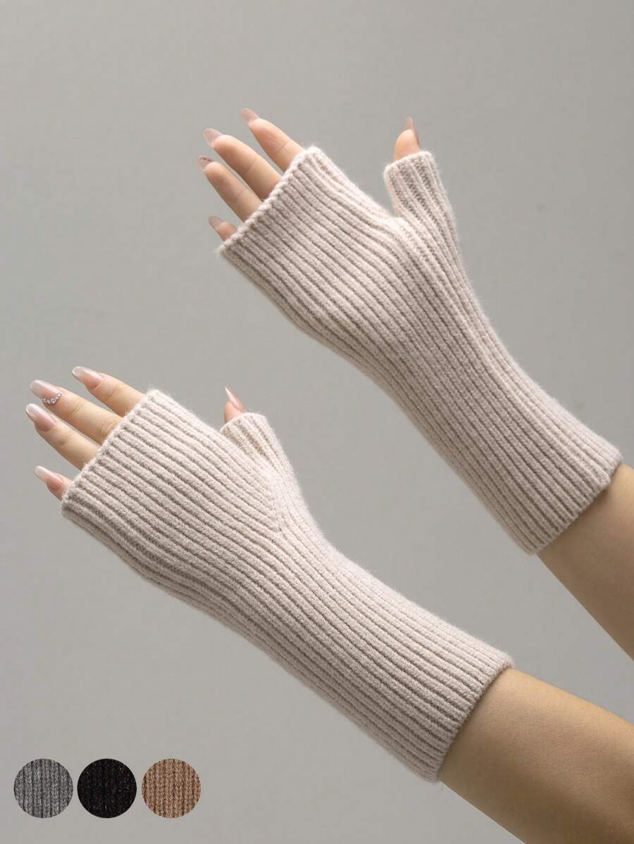 2 Paar einfarbige Acryl Fingerlose Handschuhe, warme gestrickte Halbfingerhandschuhe für Schule, Zuhause, Outdoor, Arbeit, Schreiben, Studenten, langer Bund, schlicht & modisch