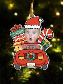 1pc Customized Christmas Photo Ornament, Featuring Cute Santa Claus Driving Christmas Car Design, Can Customize Adorable Portrait, Suitable For Families, Holiday Design, Festive Decor, Christmas Sentimental Keepsake, Couples And Parents. Personalized Gift, Customized Product, Bag Charm, Home Decor, Christmas Home Decor, Christmas Gift, Christmas Ornament - Red - View 6