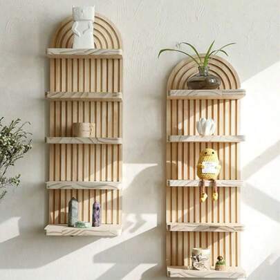 1pc Bohemian Multi-Layer Shelving Unit, Wave Shaped Floating Shelves, Wall Mounted Storage Rack, Candle Holder, Decorative Organizer For Living Room, Bathroom, Bedroom