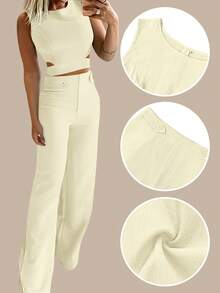Setelan Dua Potong Wanita Musim Panas Tipis Modis Kasual Slim Fit Elegan Warna Polos dengan Kancing Dekoratif, Bahan Tenun Sederhana Tidak Melar Slim Fit dengan Resleting Ringan untuk Musim Semi/Panas - Aprikot - View 2