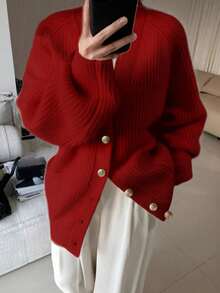 Alicedudu 女式修身竖条纹纹理简约针织开衫，秋冬 - 紅色 - 查看 3