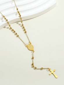 1pc Virgin Mary Rosary Beads Stainless Steel Cross Pendant Y Necklace For Women Religious Jewelry