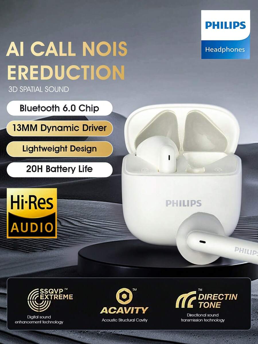PHILIPS 飞利浦无线蓝牙6.0耳机，半入耳式，高音质，游戏降噪，通用兼容iPhone和安卓系统，型号TAT1020 - 白色 - 查看 1