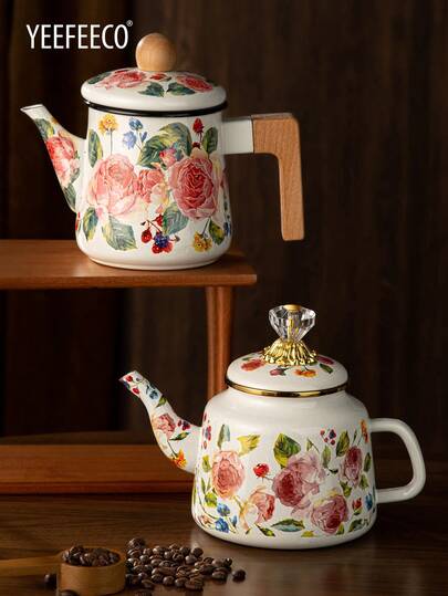 yeefeeco 1PC 1.2L Wooden Handle Enamel Coffee Pot, Rose Printed Coffee Pot, Short Wooden Handle Enamel Pot, Diamond Top Rose Pattern Enamel Pot, European Castle Style Coffee Pot, Teapot, Burner, Oil Pot, Seasoning Pot, Rose Printed Sugar Can, Tea Can, Coffee Bean Can, Seasoning Pot, For Home, Coffee Shop, Courtyard, Saudi National Day