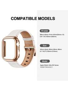 Compatible With Apple Watch Bands And Watch Protective Case, Rose Gold Color, PC Hard Material Rose Gold Frame Without Screen Protector, Anti-Collision Anti-Scratch Watch Protective Case, Matching Soft Comfortable Leather Strap, White, Compatible With Smart Watch SE/S10/Ultra 3/2/1 Series, SE S11/S9/S8/S7/S6/S5/S4/S3/S2/S1 Series, Fashionable For Young Ladies, Replacement For 38mm/40mm/41mm/42mm/44mm/45mm/46mm/49mm - White - View 4