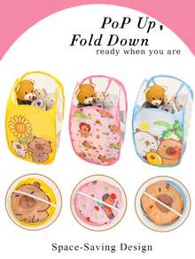 1pc Foldable Cartoon Animal Pattern Mesh Storage Basket With Handle, Suitable For Indoor/Outdoor Snacks, Toys, Clothes Storage, Baby & Kids