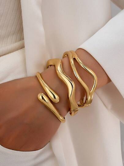3개/1개 패셔너블 두꺼운 미니멀리스트 스무스 골드 기하학적 웨이브 눈물 방울 팔찌, 여성에게 적합