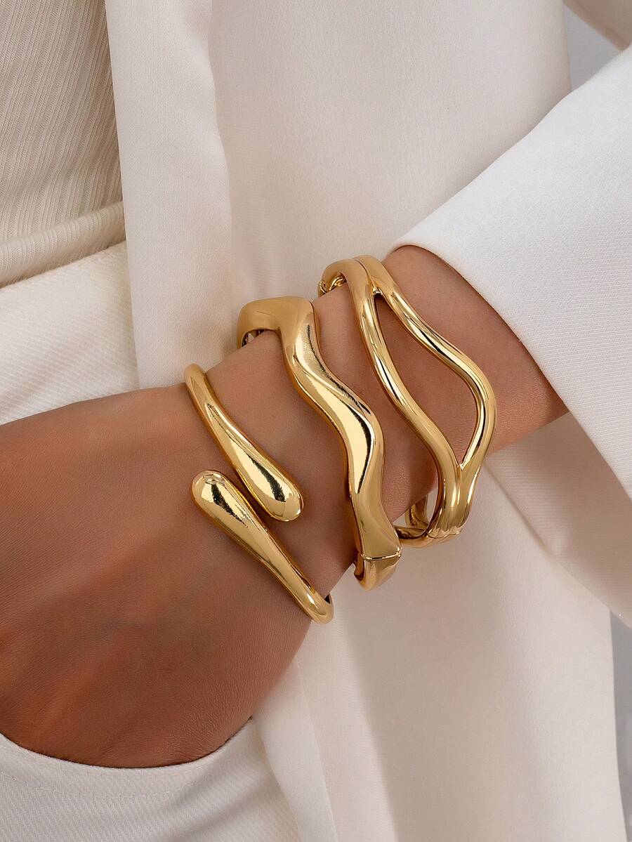 3pcs/1pc Fashionable Thick Minimalist Smooth Gold Geometric Wave Teardrop Bangle Bracelet, Suitable For Women - Yellow Gold - View 1